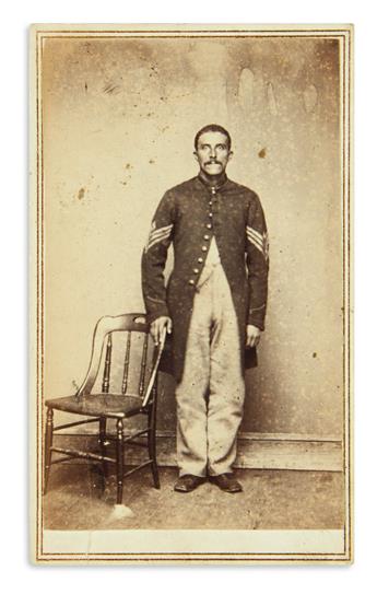 (CIVIL WAR--PHOTOGRAPHY.) E.W. Mealy. Signed carte-de-visite of a multiracial sergeant in the U.S. Colored Troops.